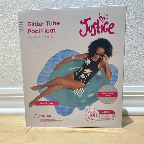 JUSTICE Glitter tube pool float with Grab Handles 39” inches inflated Ages 6+ - Picture 8 of 10